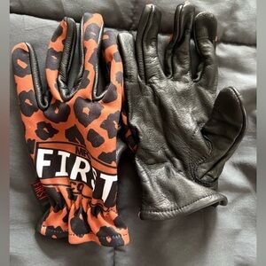 First Mfg Leopard Print and Black Leather motorcycle Gloves